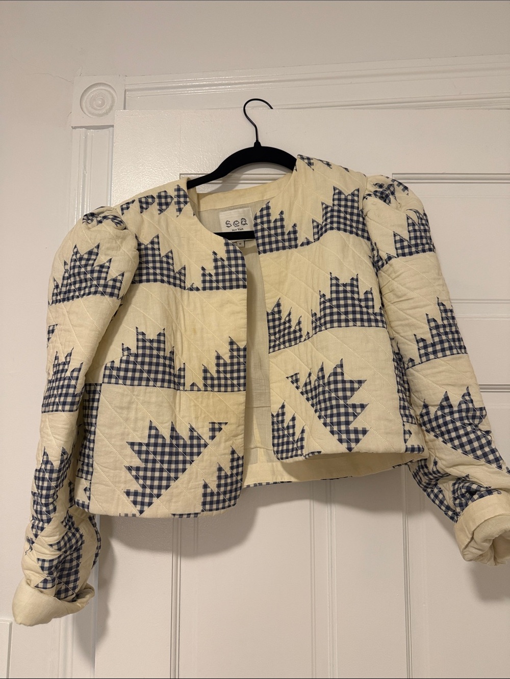 Sea Cropped Quilted Jacket in Cream and Navy Gingham